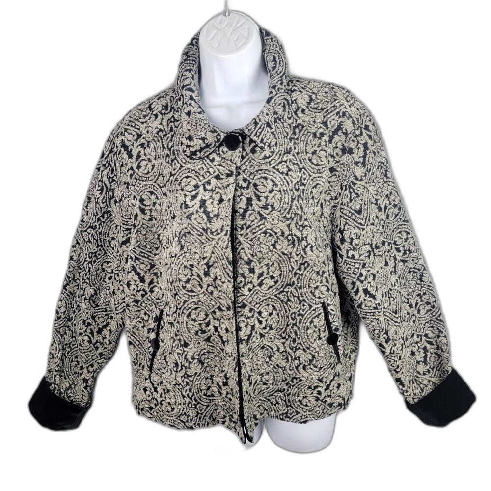 Coldwater Creek Blazer Jacket Large Black Tan Textured Contrast Trim One Button